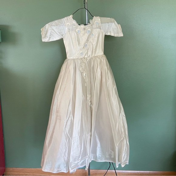 Vintage Party Dress 1950's White Communion Flower Girl Blue Floral Cottage Core - Picture 9 of 15